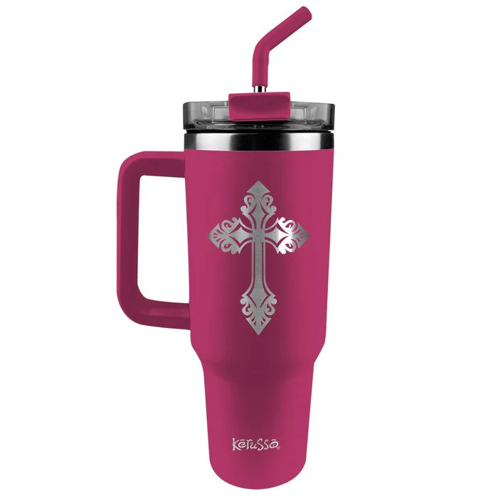 40 oz Travel Mug w/ Straw Filigree Cross - Symonds Flags