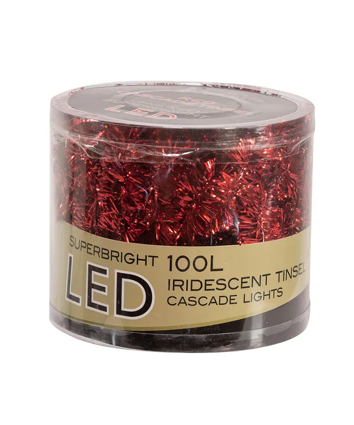 6.5' 100-Light Red Iridescent Tinsel With Red Superbright LED Cascade Light