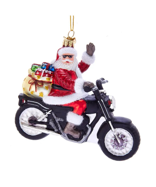 Noble Gems Santa On Motorcycle Glass Ornament