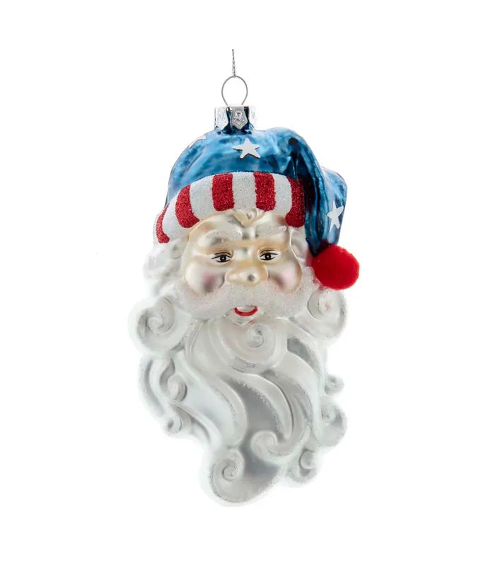 Glass Santa Head With Patriotic Hat Ornament