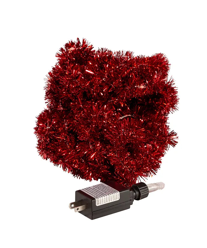6.5' 100-Light Red Iridescent Tinsel With Red Superbright LED Cascade Light