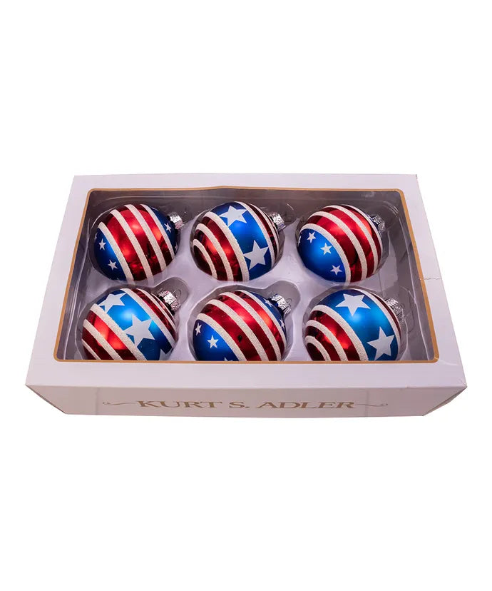 Red,White,Blue Stars & Stripes Glass Ball Ornament 6PC Set