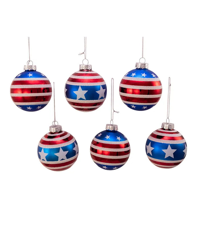 Red,White,Blue Stars & Stripes Glass Ball Ornament 6PC Set